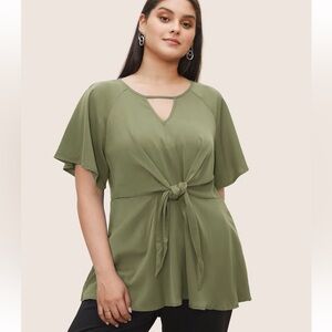 BloomChic Plus Size Plain Keyhole Knotted Front Ruffle Sleeve Blouse